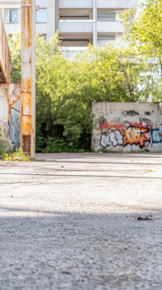 Urban Canvas Sunlit Alleyway with Vibrant Graffiti Art on Weathered Walls and Concrete Textures, Reflecting City Life photo