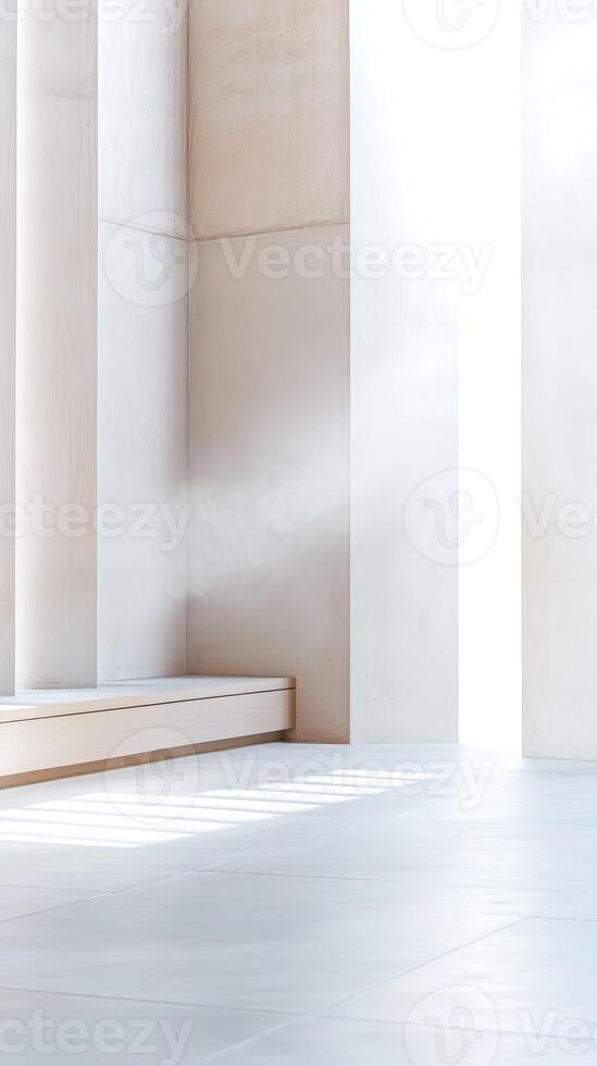 Minimalist Architectural Interior with Serene Light and Shadow Play. Modern Design Featuring Concrete, Wood, and Geometric Forms for a Tranquil Space. photo