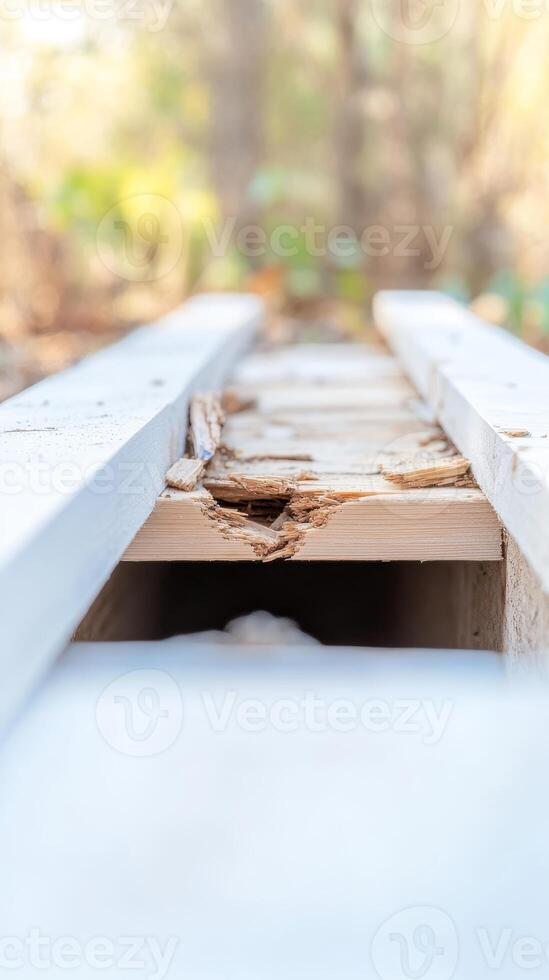 Intimate close-up of severely decayed wooden planks, highlighting splintered textures and the relentless natural process of material degradation outdoors. photo