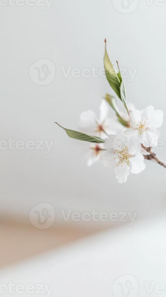 Delicate White Cherry Blossoms on a Branch Serene Floral Beauty in Soft Light, Perfect for Springtime Tranquility and Minimalist Decor photo