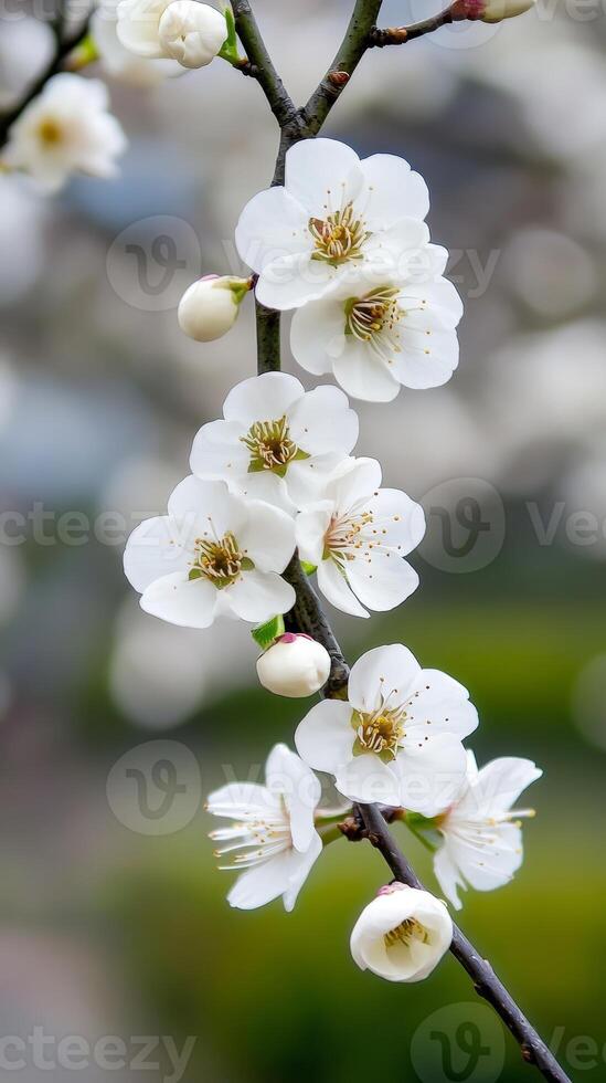 Pristine White Plum Blossoms Adorning a Branch, Capturing the Essence of Spring's Awakening with Delicate Petals and Golden Stamens. photo