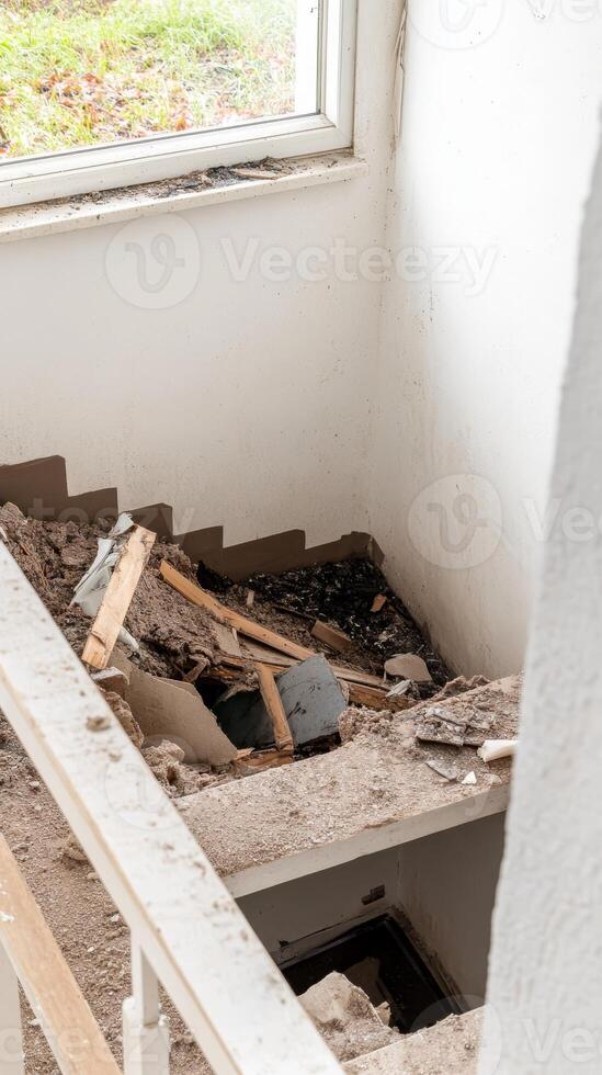 A stark portrayal of extensive interior damage and demolition debris on a staircase, capturing the raw essence of building renovation or a disaster's aftermath. photo