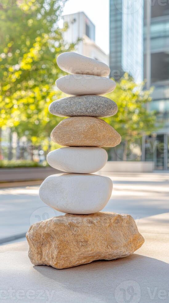 Mindful Stone Stacking A Serene Cairn of Balanced Rocks, Evoking Peace and Tranquility in a Vibrant Urban Environment. photo