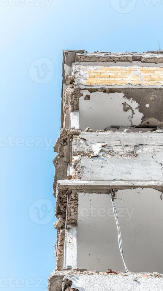 Striking Low-Angle View of a Severely Damaged Building Against a Clear Blue Sky, Highlighting Urban Decay and Structural Vulnerability. photo