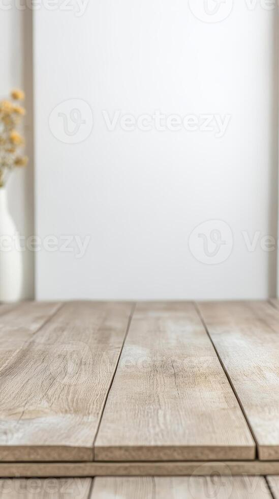 Elegant wooden table surface with a clean, minimalist white background, perfect for product display, mockups, or natural home decor presentations. photo