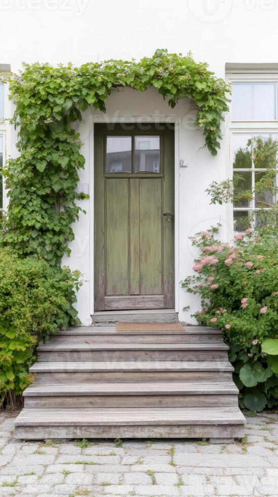 Charming rustic wooden door with lush green vine archway and weathered steps, leading to a classic white residential building entrance with blooming pink flowers. photo