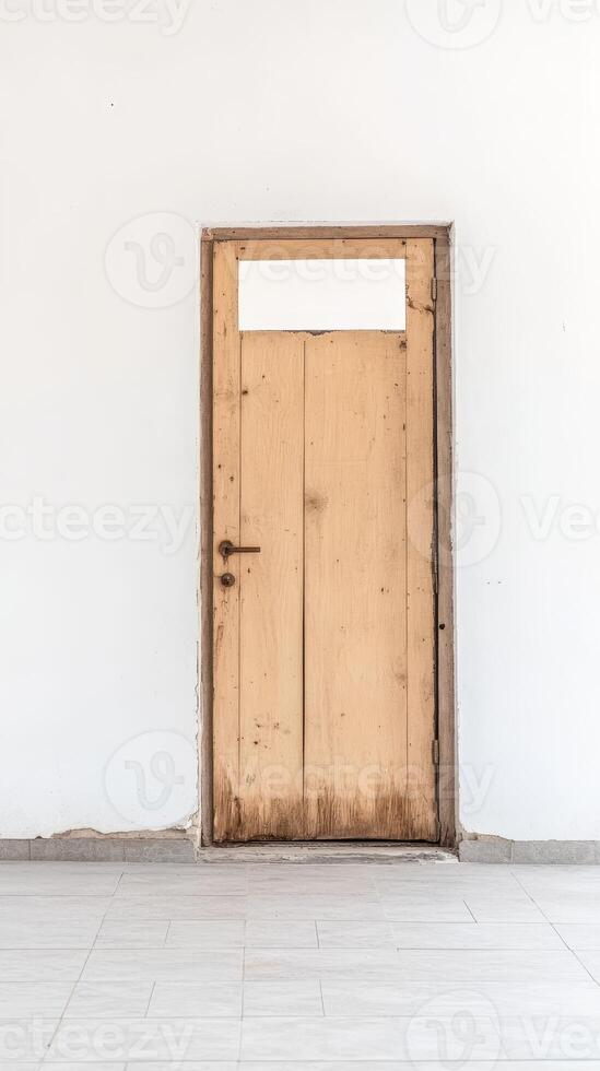 Rustic Wooden Door Against a Pristine White Wall A Study in Architectural Simplicity and Weathered Charm, Evoking Timeless Elegance photo