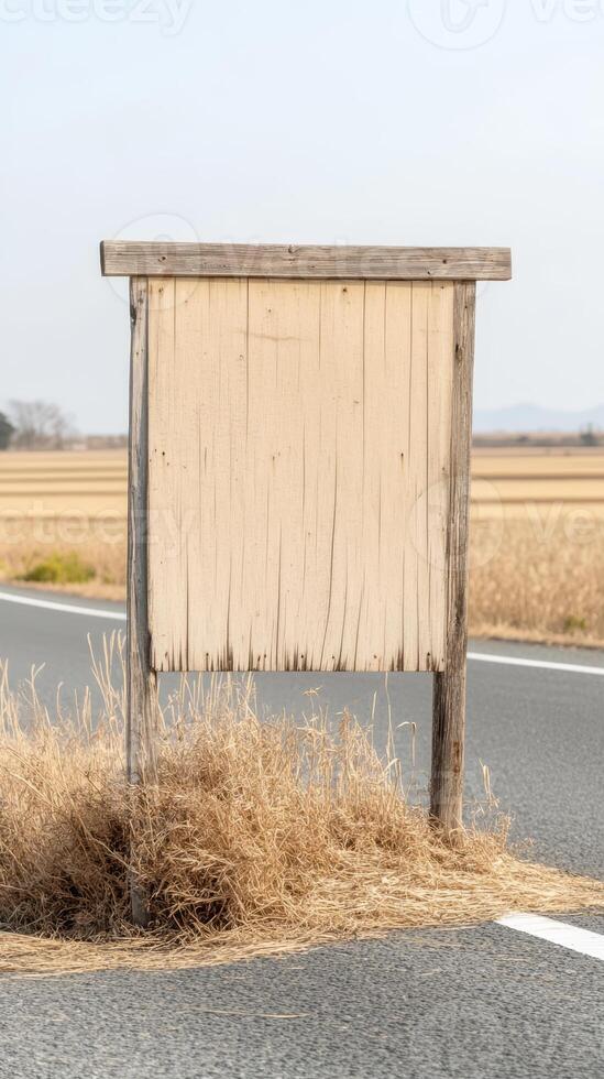 A weathered blank wooden sign stands stoically beside a quiet country road, framed by vast, golden fields under an expansive sky, inviting contemplation. photo