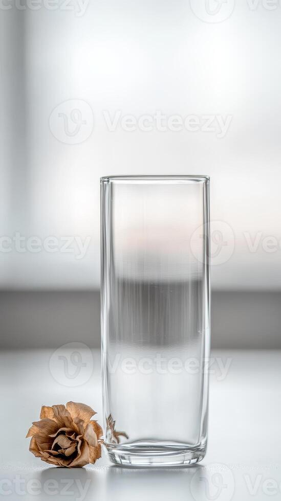 Elegant still life featuring a clear empty glass alongside a beautifully dried rose, bathed in soft, natural light on a minimalist white surface. photo