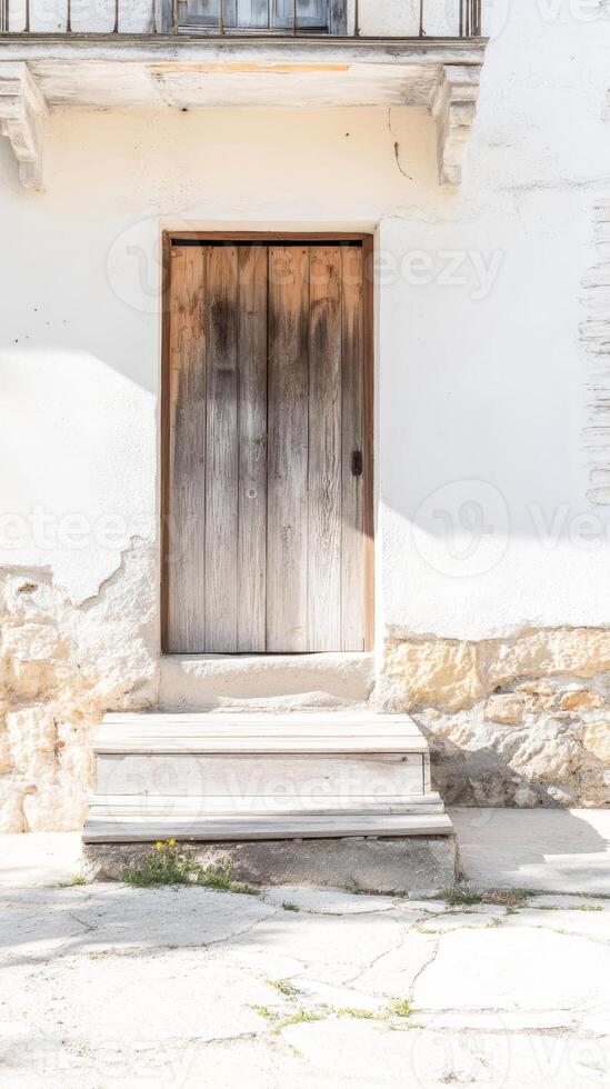 Sun-drenched rustic wooden door on a charming, aged white building facade with stone elements and weathered steps, evoking timeless Mediterranean architecture. photo