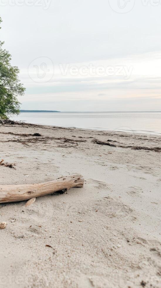 Tranquil Coastal Serenity A Pristine Beach Landscape with Smooth Sand, Calm Ocean Waters, and Weathered Driftwood Under a Soft Sky. photo