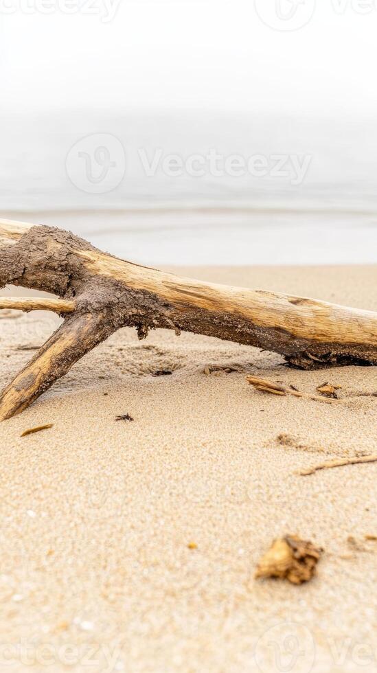 Weathered driftwood rests peacefully on a serene sandy beach, with the soft, muted ocean horizon in the background, embodying natural tranquility and coastal beauty. photo