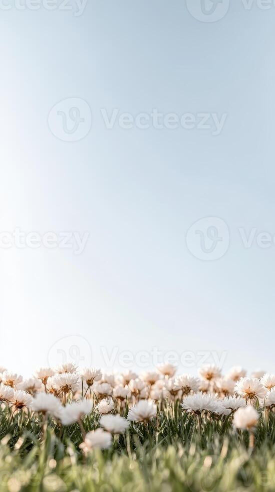 Serene Field of Delicate White Daisies Under a Bright Blue Sky, Capturing the Tranquil Beauty of Nature's Bloom in a Lush Green Meadow. photo