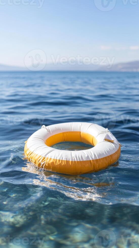 Vibrant lifebuoy floats serenely on the crystal-clear blue ocean under a vast summer sky, symbolizing safety and tranquil travel adventures. photo