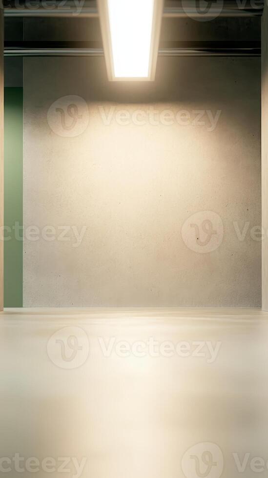 Modern Minimalist Interior Space with Bright Overhead Light Illuminating a Textured Wall and Reflective Floor, Creating a Clean Architectural Backdrop. photo