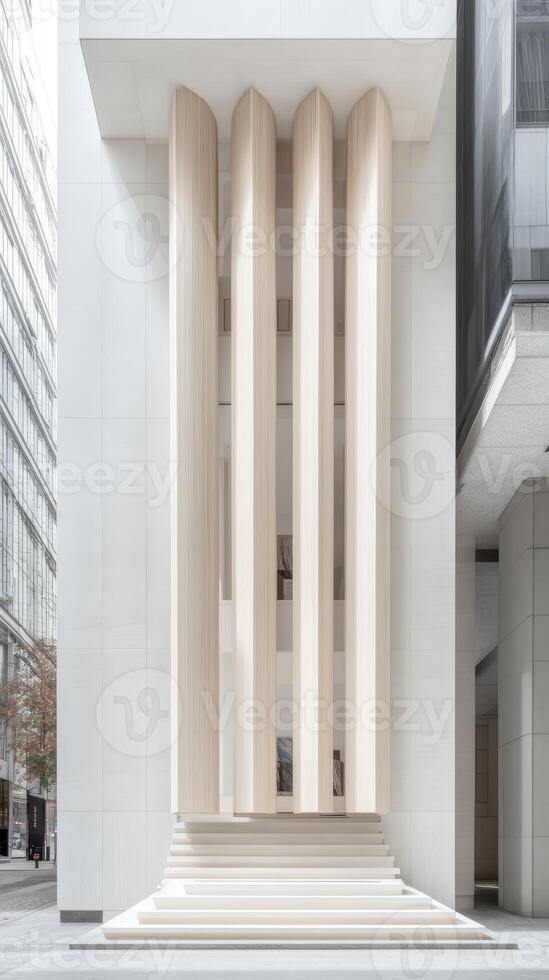 Striking Modern Architectural Facade with Elegant Vertical Wood Elements and Pristine White Stone Steps, a Vision of Contemporary Urban Design. photo