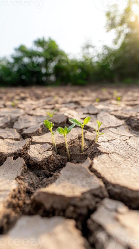 Vibrant Green Sprouts Breaking Through Dry, Cracked Earth, A Poignant Emblem of Nature's Resilience and Hope Amidst Environmental Challenges photo