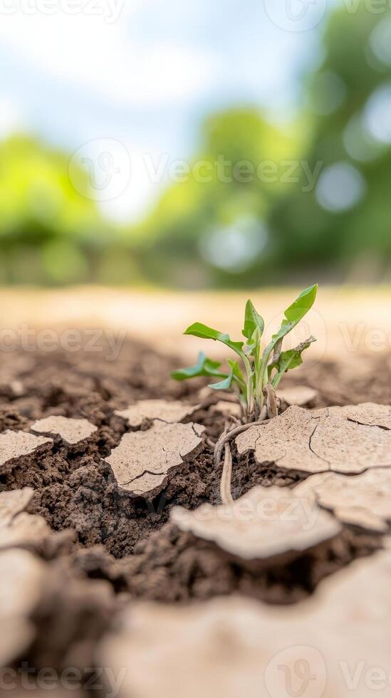 Symbol of Hope Resilient Green Plant Sprouts from Dry, Cracked Earth, Highlighting Environmental Revival and Climate Change Challenges photo