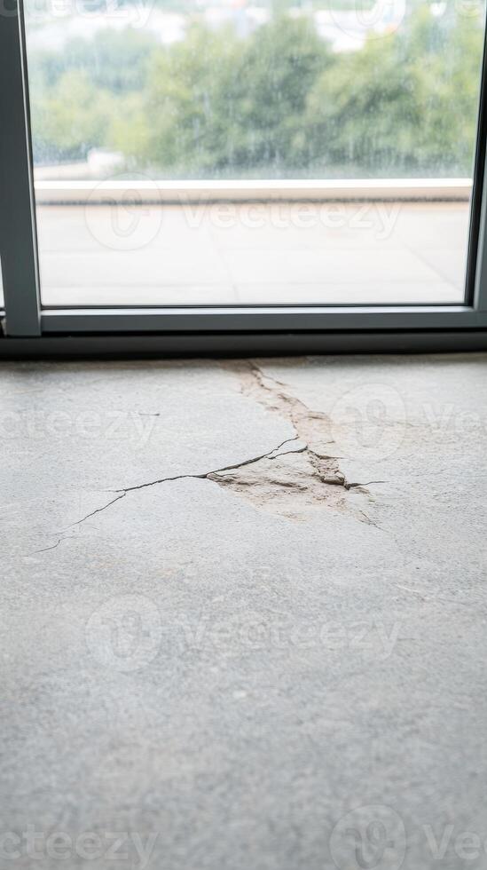 Detail of a severe crack in a grey concrete floor, revealing structural damage near a large window. An urban decay texture, needing urgent repair. photo