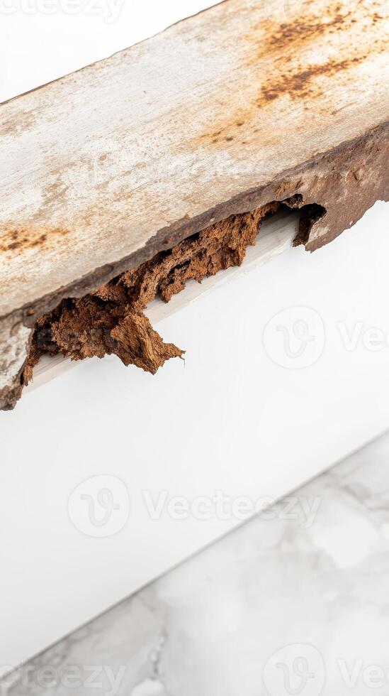 Close-up of Severe Wood Damage, Revealing Advanced Decay and Termite Infestation in a Building Structure. A Stark Visual of Deterioration. photo