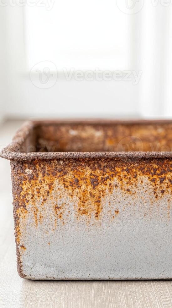 Close-up of a richly textured rusty metal container, showcasing the vibrant orange and brown patina of corrosion on its aged surface. photo