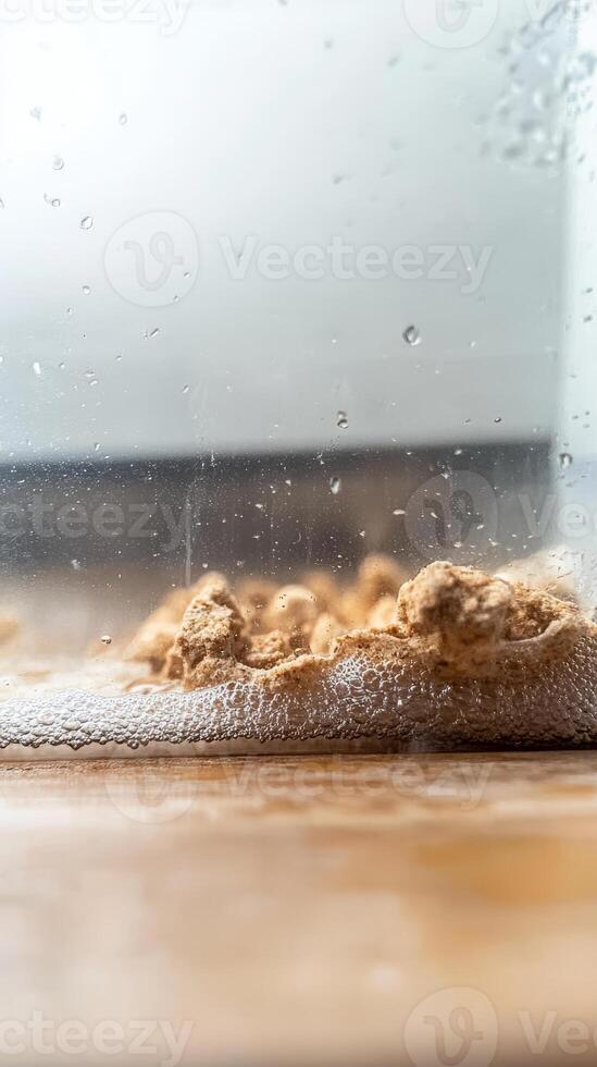 Dynamic Effervescent Reaction Macro View of Granular Substance and Liquid Interacting in Glass, Showcasing Bubbles and Foaming Process photo