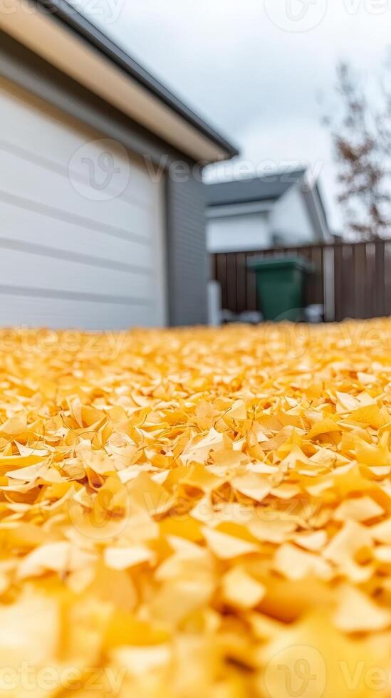 Vibrant Golden Ginkgo Leaves Blanketing a Residential Driveway in a Warm Autumn Glow, Capturing the Essence of the Seasonal Change. photo