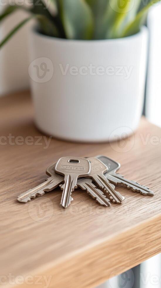 Close-up of a set of house keys on a light wooden shelf, representing home security, access, and the journey of new property ownership. photo