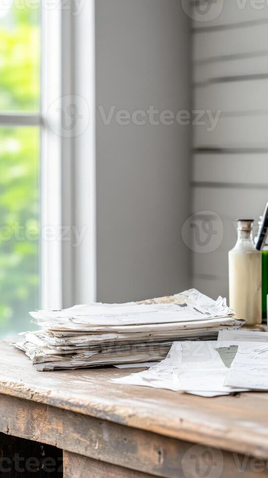 Rustic wooden table with stacked papers and bottles bathed in natural light from a bright window, creating a serene and productive workspace ambiance. photo