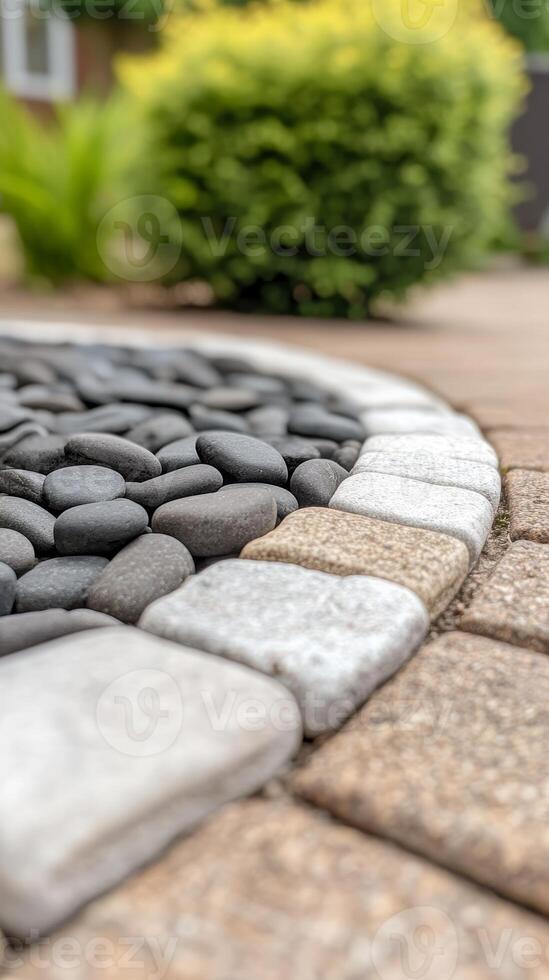 Artful arrangement of smooth river stones and decorative pebbles in a serene garden landscape, showcasing natural textures and harmonious design. photo