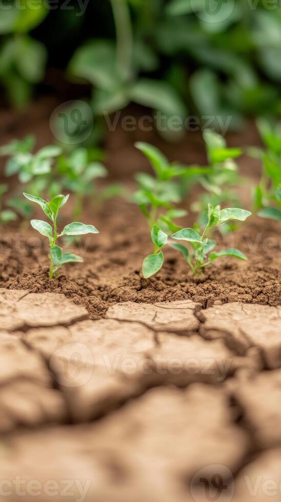 Young Green Plants Defy Drought Hopeful Growth in Parched, Cracked Soil, Symbolizing Resilience and Environmental Renewal photo