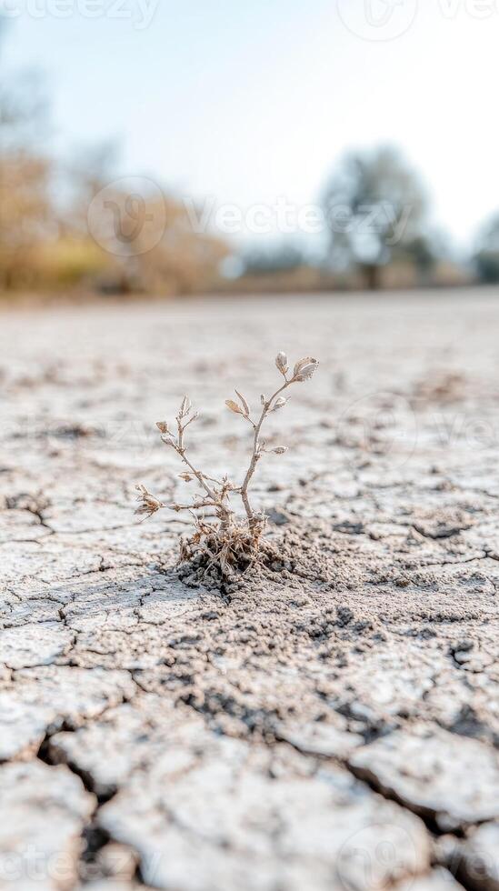 A lone, resilient seedling bravely pushes through the parched, cracked earth, symbolizing hope and survival in a desolate landscape. photo