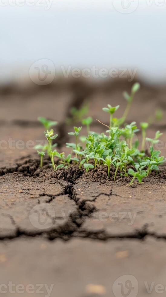 Vibrant Green Sprouts Emerge from Arid, Cracked Earth, Symbolizing Resilience and New Beginnings in a Challenging Environment. photo