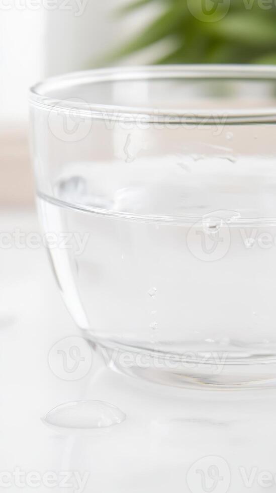 Crisp, Pure Water in a Clear Glass Bowl with Delicate Droplets on a Pristine White Surface photo