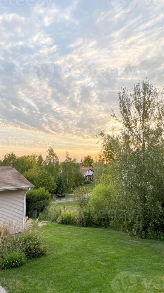 Serene suburban landscape at golden hour, featuring a vibrant green lawn, lush trees, and a tranquil sky painted with soft, wispy clouds. photo