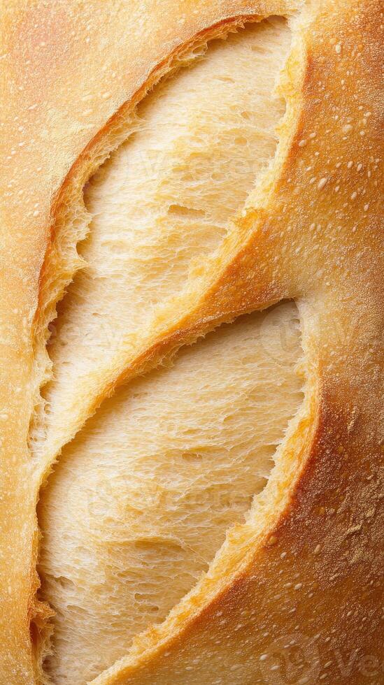 Golden Baked Bread A Detailed Macro View of Rustic Crust and Soft Crumb Texture, Highlighting Freshness and Wholesome Goodness photo