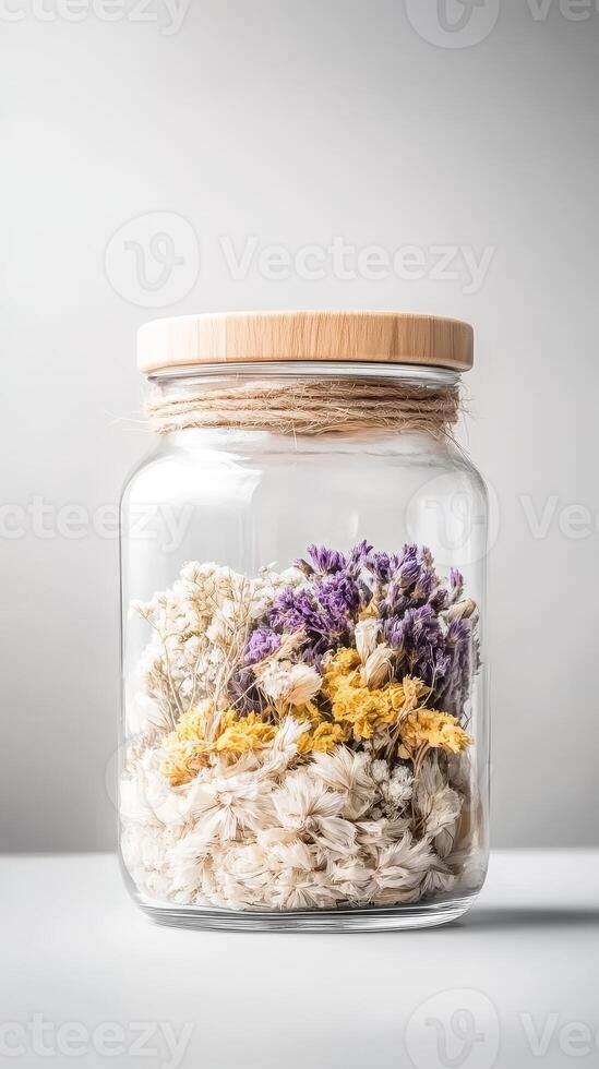 Aesthetic Dried Flower Arrangement in a Clear Glass Jar with Natural Wooden Lid and Rustic Twine Detail, Perfect for Elegant Home Decor. photo