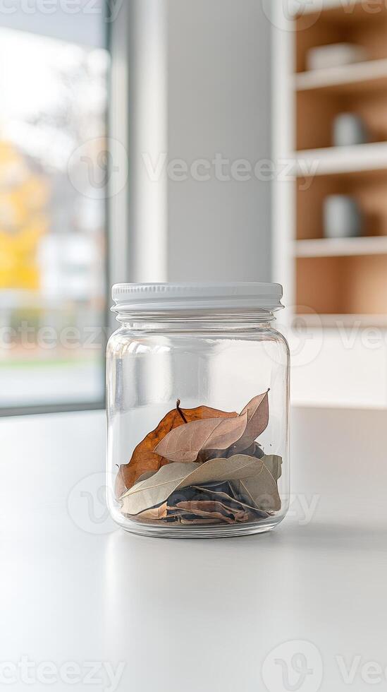 A minimalist still life capturing dried bay leaves in a clear glass jar on a pristine white kitchen counter, evoking culinary simplicity and natural aroma. photo