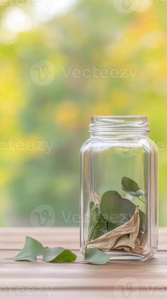 Captivating still life of vibrant green leaves in a transparent glass jar, resting on a rustic wooden surface amidst a soft, sun-dappled natural backdrop. photo