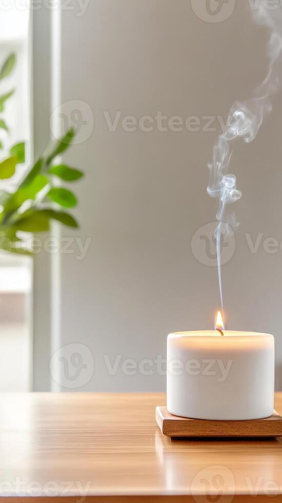 Tranquil home ambiance A white scented candle with a flickering flame and delicate smoke plume on a warm wooden table, creating a serene and cozy indoor atmosphere. photo