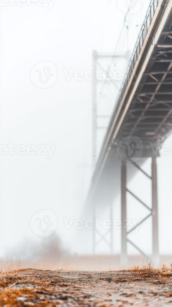 Ethereal Bridge Structure Piercing Through Dense Fog A Muted Architectural Grandeur Amidst a Serene, Atmospheric Landscape View photo