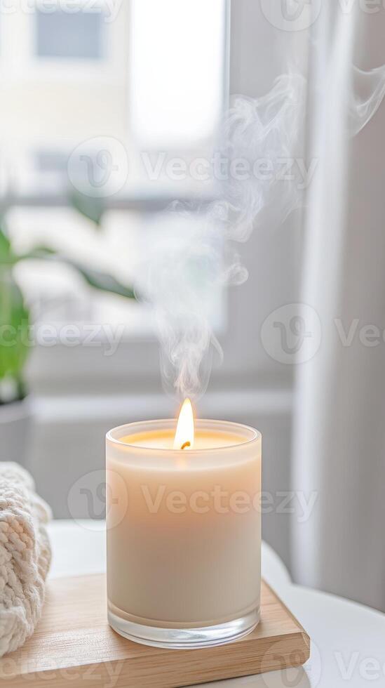 Captivating Scented Candle with Ethereal Smoke and Warm Glow, Creating a Serene, Cozy Ambiance for Relaxation and Home Comfort photo