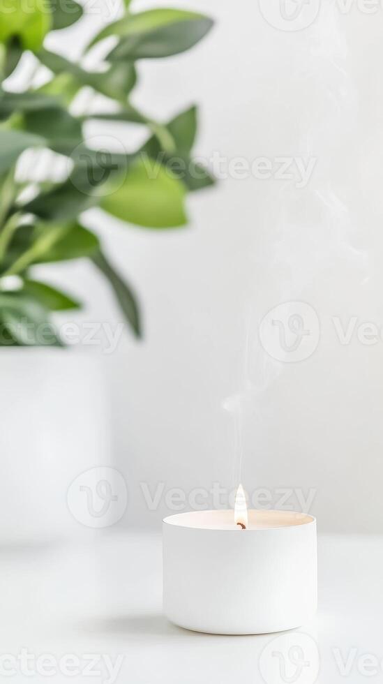 Tranquil White Candle with Soft Flame and Ethereal Smoke, Illuminated by Natural Light, Enhancing Peaceful Home Ambiance and Mindful Relaxation photo