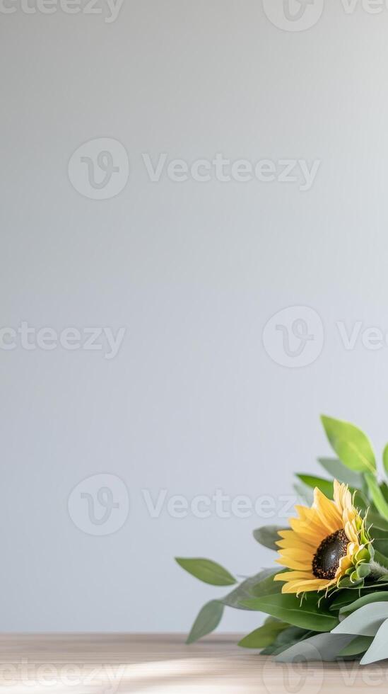 Golden Sunflower Bloom with Lush Green Leaves Resting on a Warm Wooden Table Against a Soft, Bright Background, Evoking Natural Calm photo