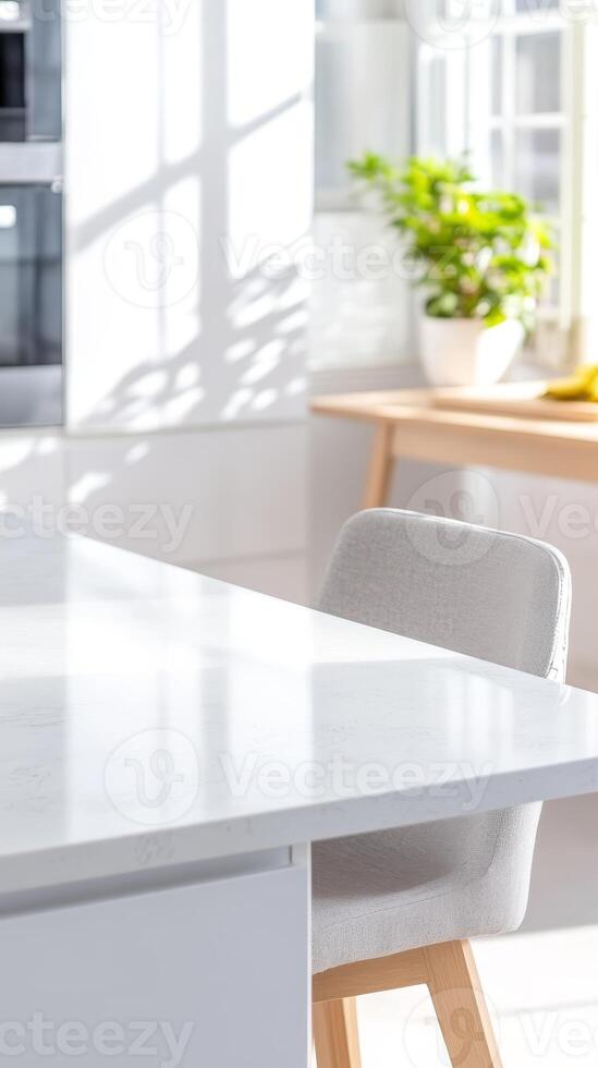 Sunlit Modern Kitchen Interior with Minimalist Design and Bright White Countertop, Creating a Serene and Inviting Domestic Space. photo