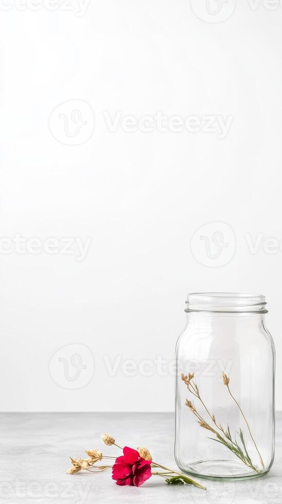 Elegant still life with a vibrant red flower and dried botanical elements beside a clear glass jar on a minimalist white and grey backdrop, evoking serene natural beauty. photo