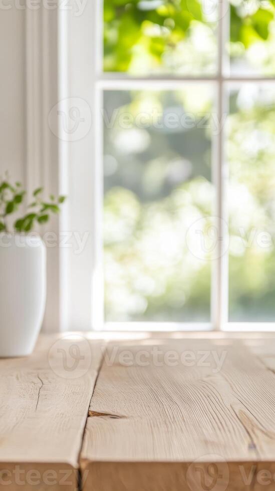Bright Wooden Table by Sunlit Window with Greenery Vase, Serene Minimalist Interior for Product Display or Tranquil Home Decor Background photo