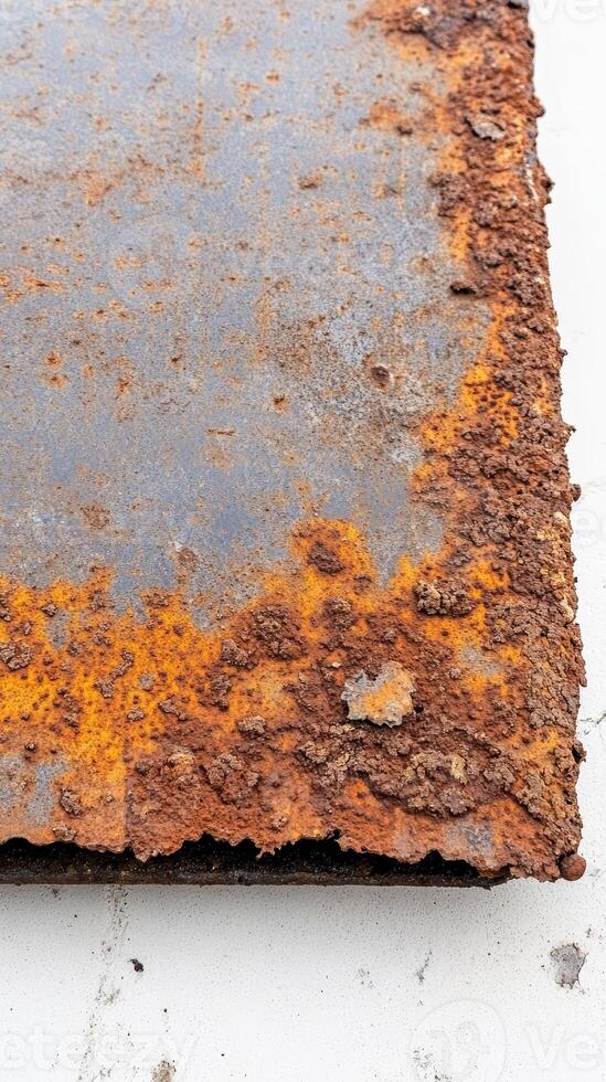 Vibrant orange and deep brown rust patterns adorn a weathered metal surface, creating a captivating abstract texture. Ideal for industrial backdrops. photo