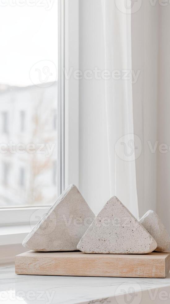 Minimalist concrete pyramid sculptures on a wooden base by a bright window, embodying modern home decor and serene interior design aesthetics with natural light. photo