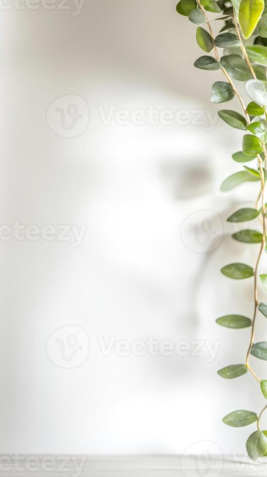 Lush Green Vine Against a Serene White Wall Elegant Botanical Decor for Tranquil Interiors and Minimalist Spaces, Capturing Natural Light and Organic Beauty photo